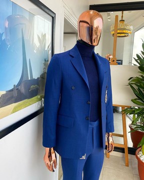 A Navy Blue notch lapel, 2 button suit
