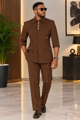 Ensemble safari marron pour homme – Veste et pantalon sénateur deux pièces à manches courtes