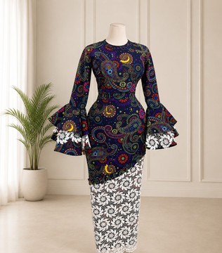 Robe longue en dentelle à imprimé cachemire bleu marine pour femme – Robe Ankara à manches évasées et dentelle guipure