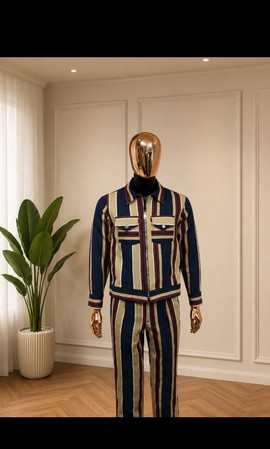 Ensemble deux pièces Aso Oke rayé bleu marine pour homme – Veste zippée et pantalon nigérians tissés à la main