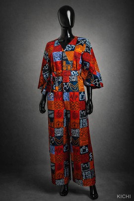 Combinaison Kimono Longue en Wax – Élégance &amp; Modernité