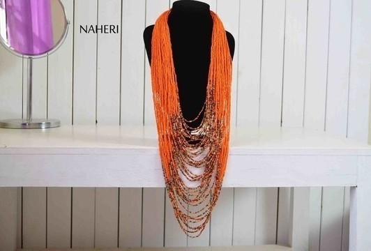 Collier de perles africaines | Bijoux chunky orange | Collier romantique perlé