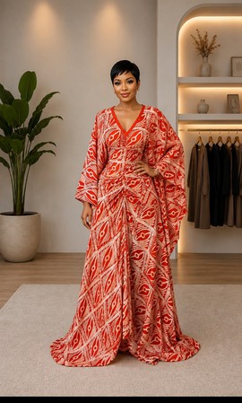 Robe longue kaftan pour femme à imprimé tribal rouge et blanc, avec devant drapé et manches chauve-souris
