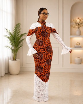 Robe longue de soirée ajustée en dentelle Ankara orange et noire pour femme – manches cloche