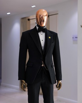 A Charcoal Black, peak lapel, stuffed/slanted Square Patterned jacquard jacket