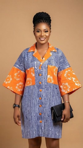 Robe-chemise patchwork vibrante bleue et orange avec détail de col