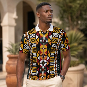 African Bogolan Print Men's Heavyweight Polyester Polo Shirt | Bogolan Menswear
