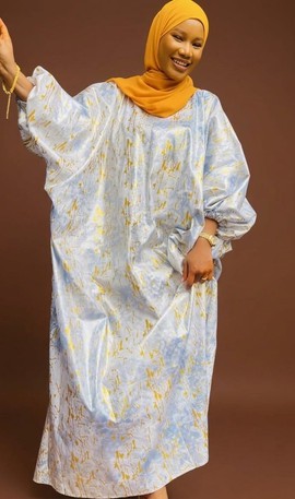 Abstract Print Kaftan – Soft Blue &amp; Gold African Boubou with Modest Elegance