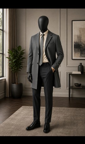Men's Grey Long Overcoat with Charcoal Trousers – Two-Piece Formal Winter Suit Set