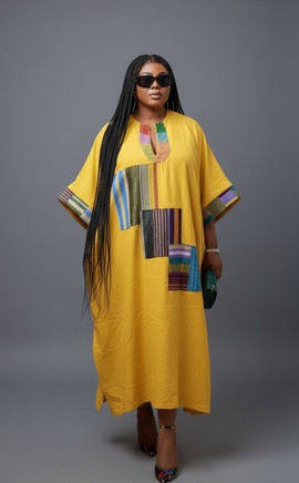 Vibrant Yellow Kaftan Dress with Colorful Patchwork - Stylish Comfort