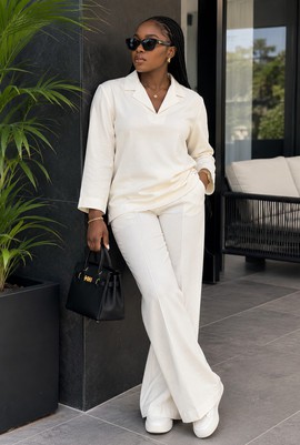 Women's Ivory Collared Top &amp; Wide-Leg Trousers Set – Relaxed Fit Two-Piece Linen Outfit