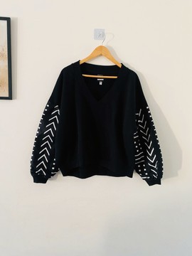 Women's V-neck hoodie - women's wax sweatshirt - African fabric sweater - black
