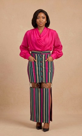 Aso Oke Two-Layer Skirt – African Striped Button Front Skirt with Ring Detail