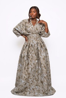 Robe longue élégante – Robe de soirée de luxe à manches longues, col en V et taille plissée