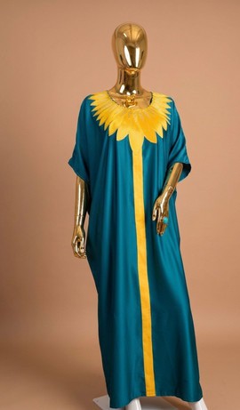 Long Teal Sunburst Geo-Embroidered Kaftan - wedding/ceremony