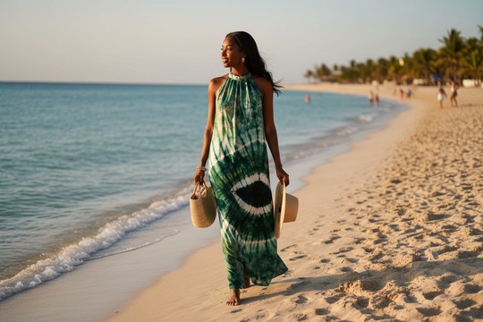 Robe Longue Dos Nu en Tie-Dye Artisanal – Vert Émeraude &amp; Écume
