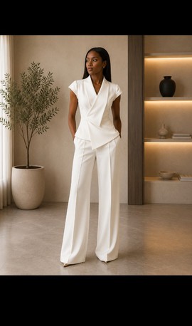 Ensemble féminin blanc en crêpe, avec haut cache-cœur asymétrique et pantalon à jambes larges