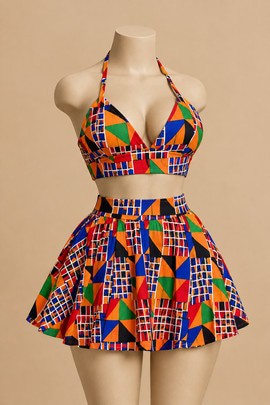 Ensemble féminin crop top Ankara et mini-jupe évasée – Tenue deux pièces multicolore en imprimé africain