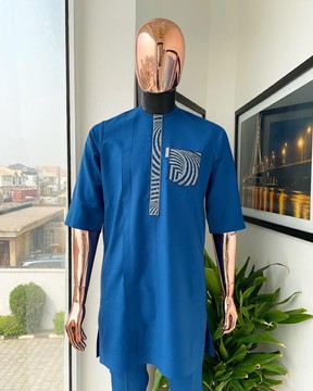 n azure blue, curly 3D embroidery flap &amp; pocket detailing african traditional kaftan