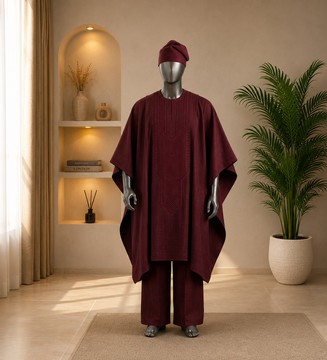 Men's Burgundy Cotton Senator Agbada Set – 4 Piece Luxury Traditional African Attire