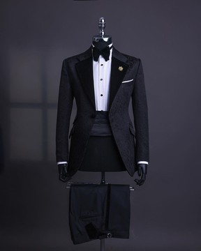 A charcoal black, floral notch lapel tuxedo suit, tux pant trouser &amp; bow tie