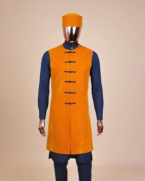 A Navy blue long sleeve kaftan, Mustard velvet jacket .