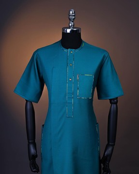 A Teal green, Front flap, patch pocket, short sleeve details African senator kaftan native.