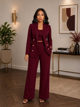 Women's Burgundy Cotton Blazer, Crop Top &amp; Wide Leg Trouser Set