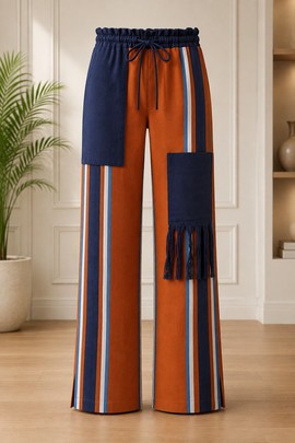 Aso Oke Striped Wide-Leg Trousers – Orange &amp; Navy Colour Block Drawstring Pants