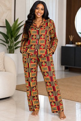 African Kente Pattern Women's Satin Pajama Set | Kente Sleepwear | Bynelo