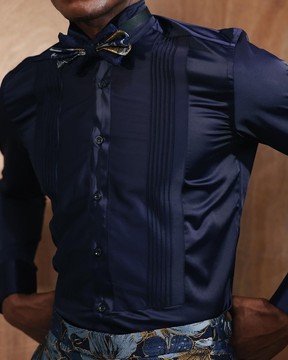 A Silk, Skye Blue, Pleated Tuxedo Shirt.