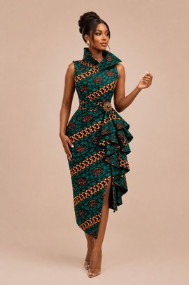 Elegant Teal &amp; Gold Peplum Midi Dress Set with African Ankara Print, Statement Collar Sleeveless