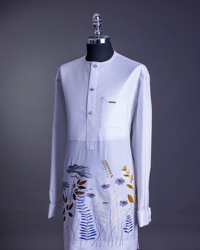 A white, Front flap, petals floral, blue Swarovski buttons, long sleeve embroidery details kaftan