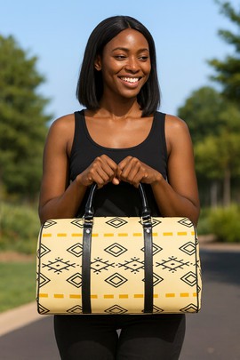 African Travel Bag Leather Egyptian Print Beige
