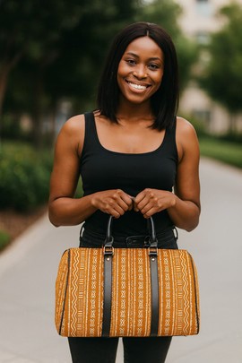 African Leather Bag for Travel Mud Cloth Print Style Orange