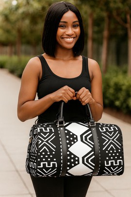 African Travel Bag Leather Traditional Black &amp; White