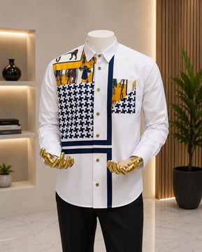 Men's White Equestrian Print Long Sleeve Shirt,Houndstooth &amp; Navy Colorblock Button-Up