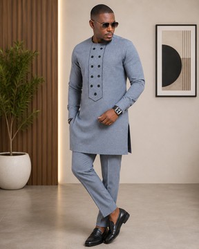 Men's Grey Senator Wear with Double Button Detail – Long Sleeve Native Top &amp; Trouser Set