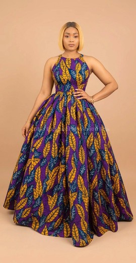 Luxury Ankara Ball Gown Dress – Purple Leaf Print Flared Maxi Dress for Women