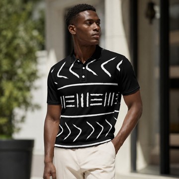 Geometric Tribal Pattern Men's Heavyweight Polyester Polo Shirt Black | Tribal Apparel | Bynelo