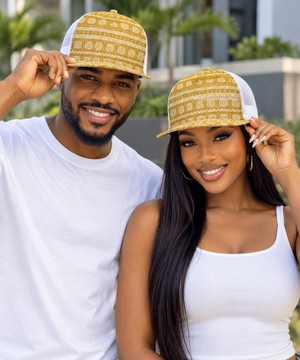 African Ethnic Tribal Gold Print Black Flat-Brim Mesh Cap | Tribal Streetwear | Bynelo