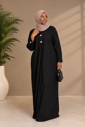 Women's Black Button-Detail Abaya Dress with Long Sleeves