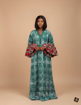 Emerald Mosaic Adire Bell-Sleeve Maxi Kaftan