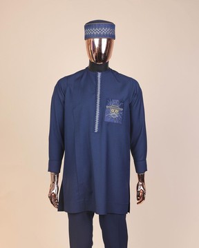 A Navy blue, vexing demagogue pocket &amp; flap embroidery, long sleeve African senator kaftan native.