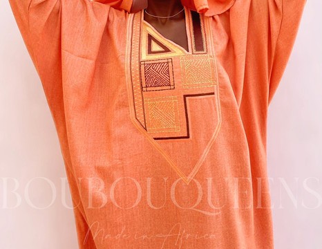 African Boubou Dress for Women "Diena" Light Orange in Glazed Linen — With Scarf