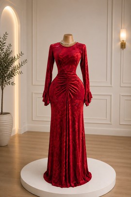 Red Velvet Mesh Bodycon Maxi Dress – Long Sleeve Ruched Floral Print Evening Gown with Flare Cuffs