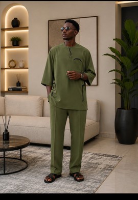 Ensemble sénateur vert olive pour homme – tunique oversize et pantalon 2 pièces