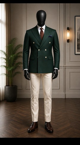 Blazer croisé vert à fines rayures pour homme avec pantalon crème – Costume habillé contrasté deux pièces