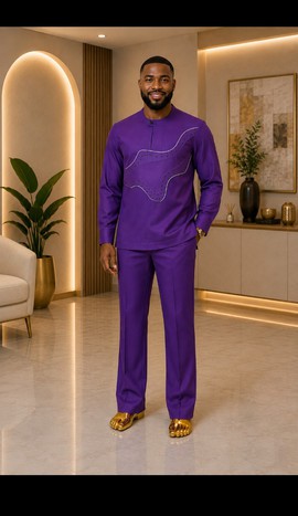Tenue traditionnelle violette pour homme avec empiècement brodé de motifs ondulés sur la poitrine – Ensemble deux pièces à manches longues