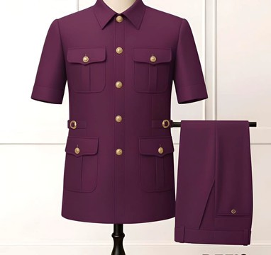 Men's Purple Safari Suit Set – Short Sleeve Collared Tunic with 4 Pockets &amp; Matching Trousers